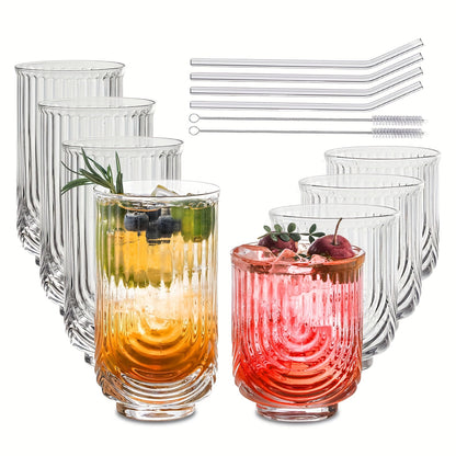 8-Piece Vintage Glassware Set - Highball & Rocks Glasses, Stripes