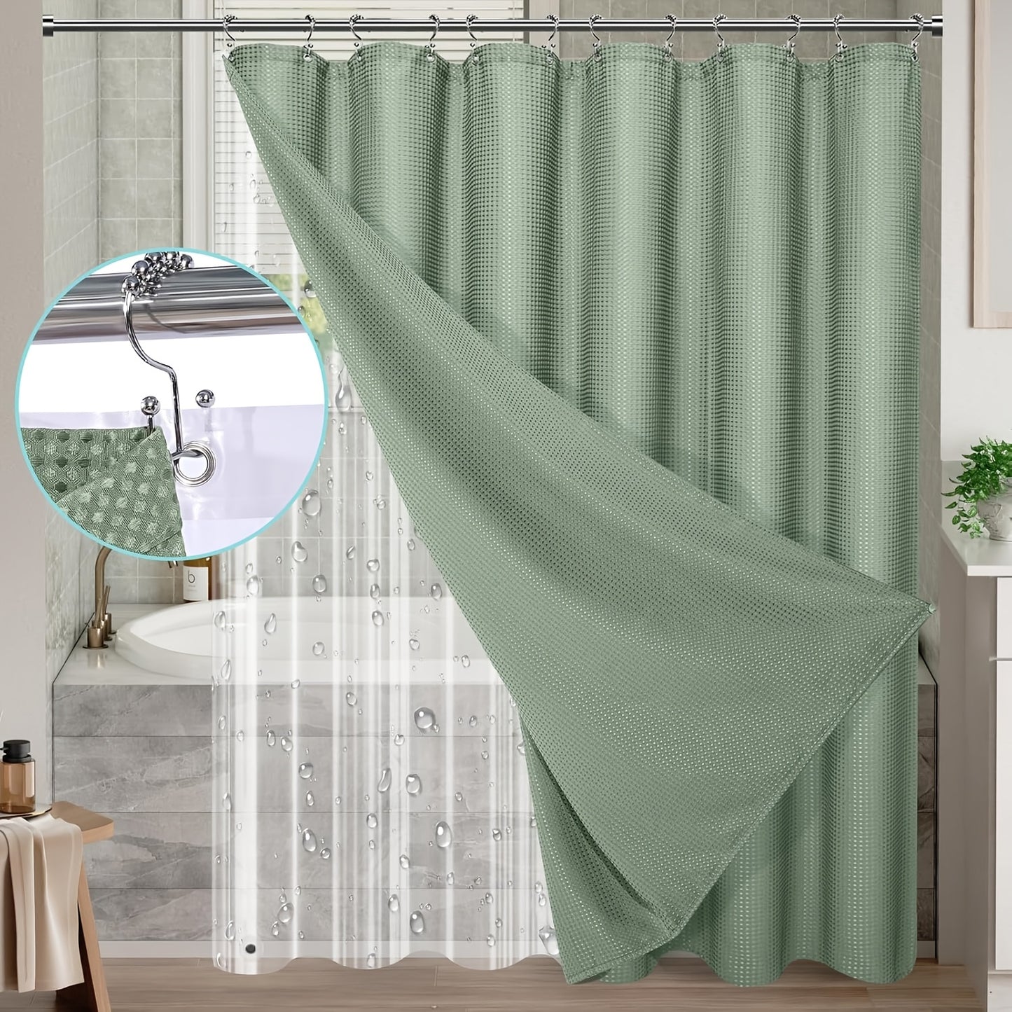 Luxurious Sage Green 3-in-1 Shower Curtain Set with Hooks