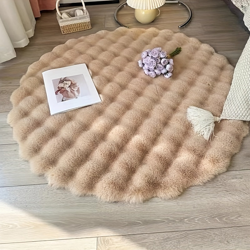 Plush Round Faux Rabbit Fur Rug - Soft, Non-Slip, Machine Washable