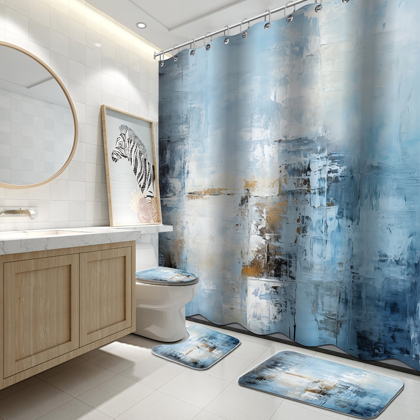 Blue Watercolor Bathroom Set with Shower Curtain & Rugs - 4pcs