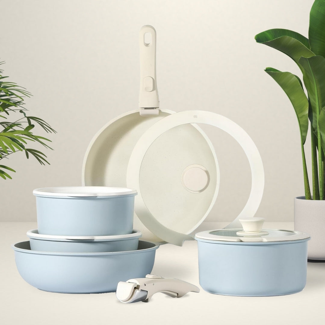 Ceramic Nonstick Cookware Set - Space-Saving & Easy Clean