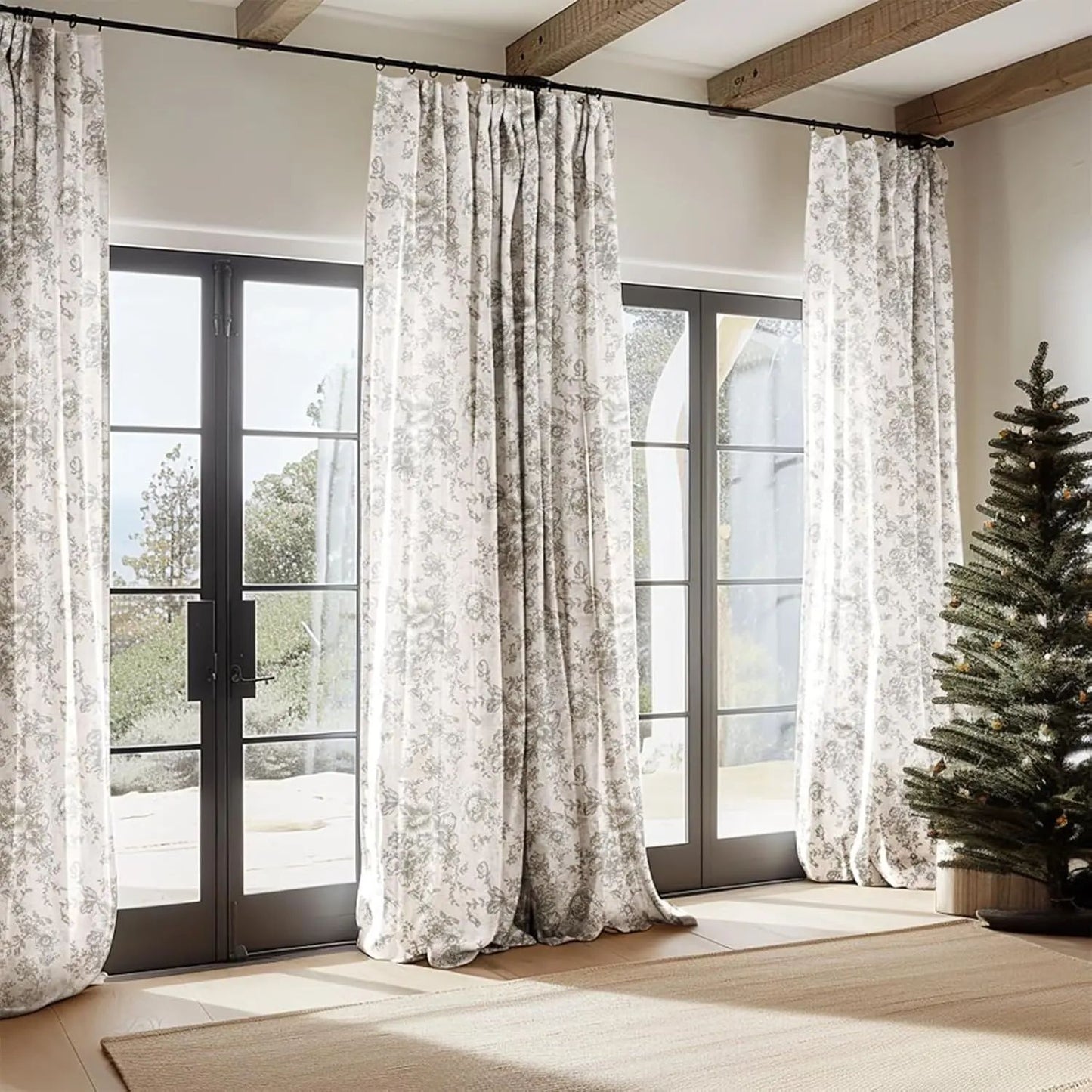 Floral Linen Blend Curtains for Living Room - Peony Drapes Set