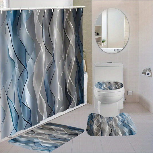 Waterproof Shower Curtain Set with Hooks & Non-Slip Bath Mats