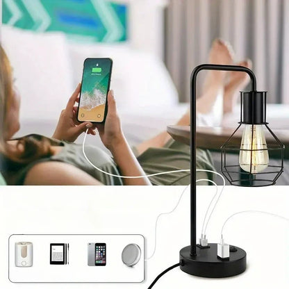 Dual USB & AC Outlet Modern Table Lamp for Nightstand & Desk