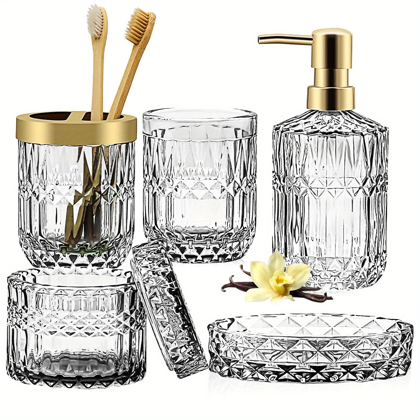 5-Piece Elegant Crystal Bathroom Accessory Set with Pump Dispenser