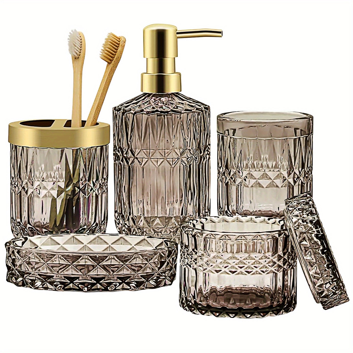 5-Piece Elegant Crystal Bathroom Accessory Set with Pump Dispenser