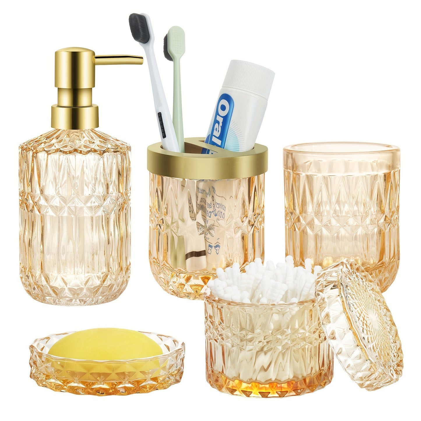 5-Piece Elegant Crystal Bathroom Accessory Set with Pump Dispenser