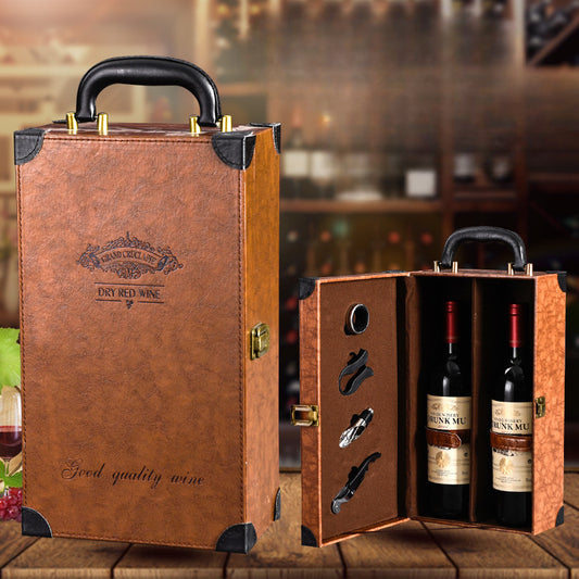 Portable Leather Wine Box with Handle - Travel Protection Case