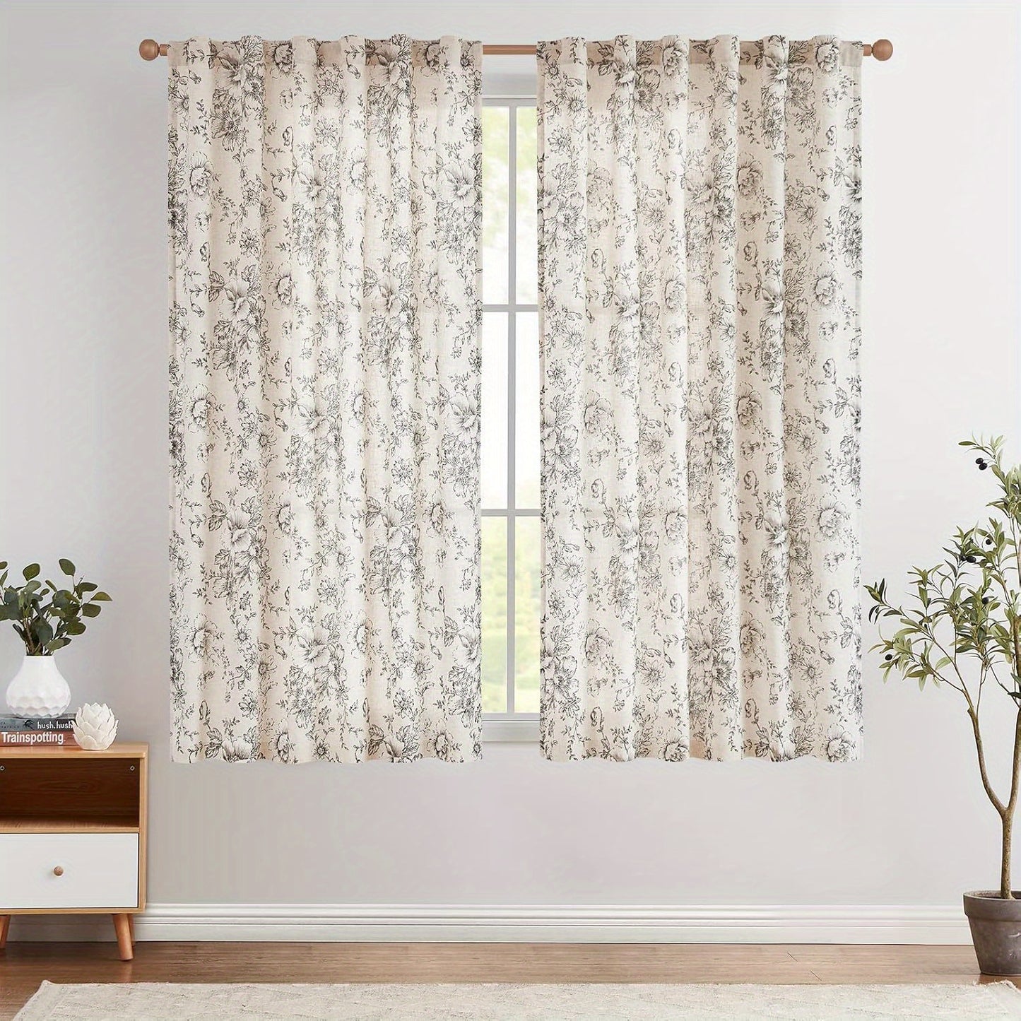 Floral Linen Blend Curtains for Living Room - Peony Drapes Set