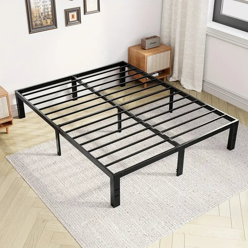 Modern Black Metal Bed Frame – No Box Spring Needed, 4 Sizes, Storage