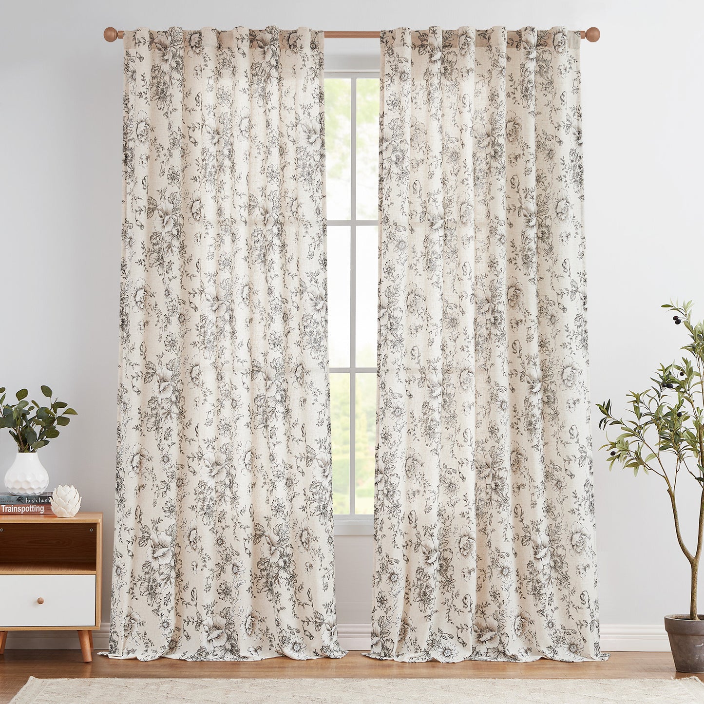 Floral Linen Blend Curtains for Living Room - Peony Drapes Set