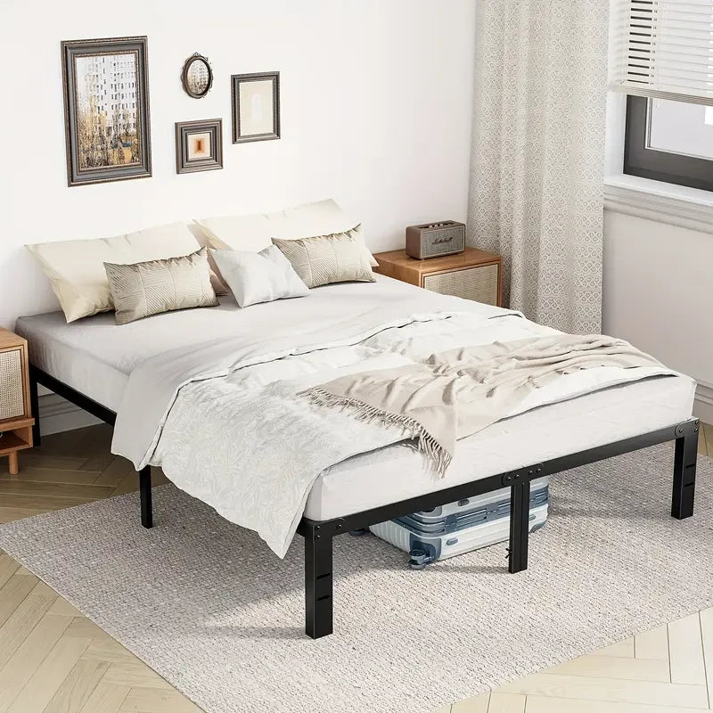 Modern Black Metal Bed Frame – No Box Spring Needed, 4 Sizes, Storage