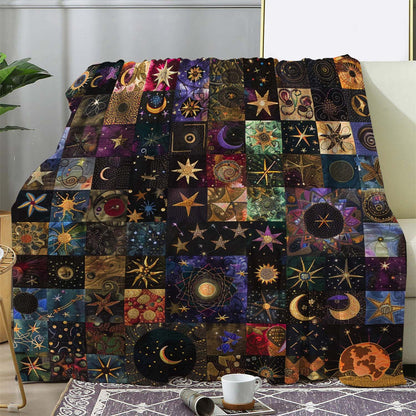 Cozy Vintage Flannel Fleece Blanket - Star & Moon Print Throw