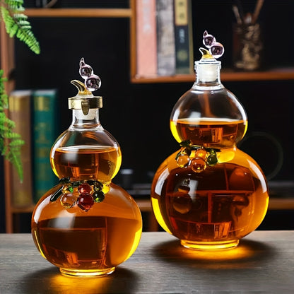 Hand-Blown Gourd-Shaped Glass Decanter with Golden Accents - 16.9oz Unique Whiskey & Wine Bottle