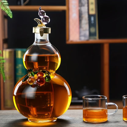 Hand-Blown Gourd-Shaped Glass Decanter with Golden Accents - 16.9oz Unique Whiskey & Wine Bottle