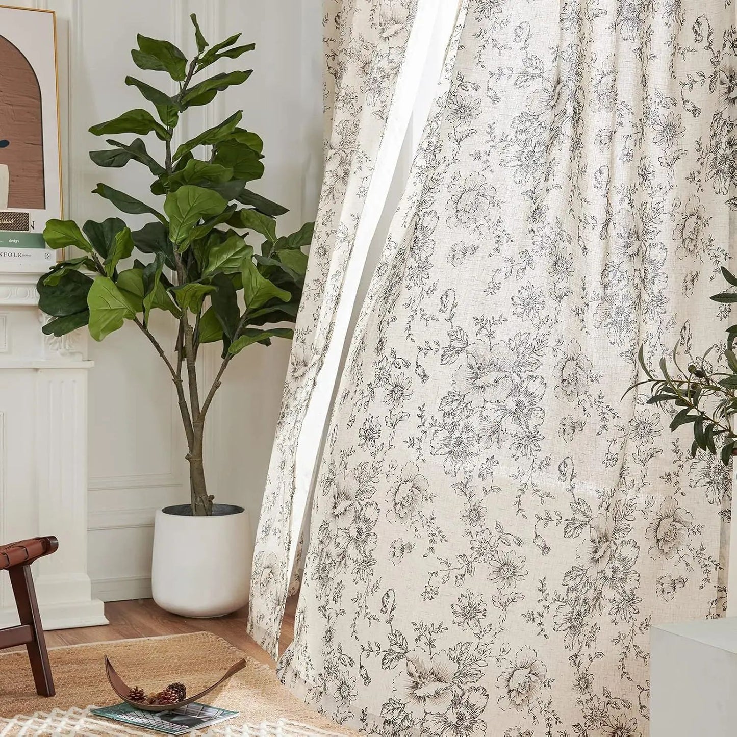 Floral Linen Blend Curtains for Living Room - Peony Drapes Set