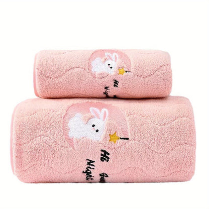 2pcs Pink Coral Velvet Bath Towels - Cute Bunny, Quick Dry Microfiber