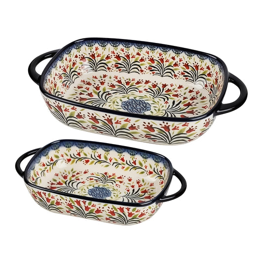 Bohemian Ceramic Baking Tray Set - Floral Retro Design, 2pcs