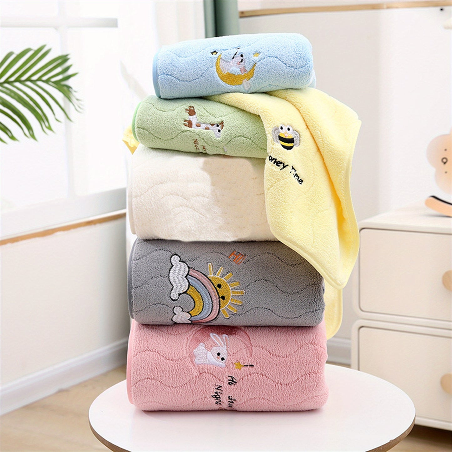 2pcs Pink Coral Velvet Bath Towels - Cute Bunny, Quick Dry Microfiber