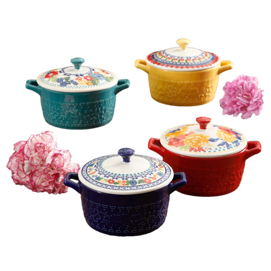 Floral Ceramic Casserole Set - 13oz Round, Assorted Colors, 4pcs