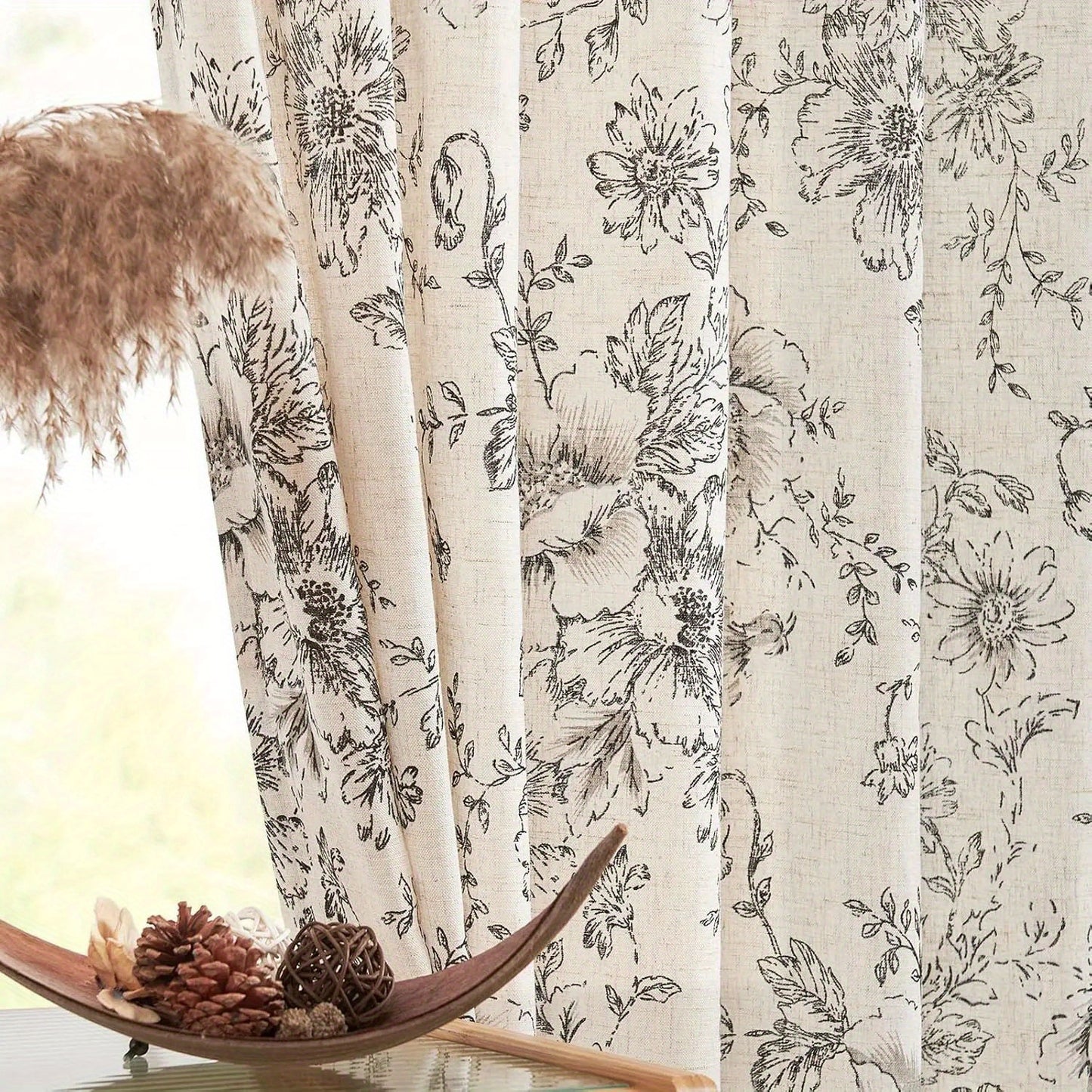 Floral Linen Blend Curtains for Living Room - Peony Drapes Set