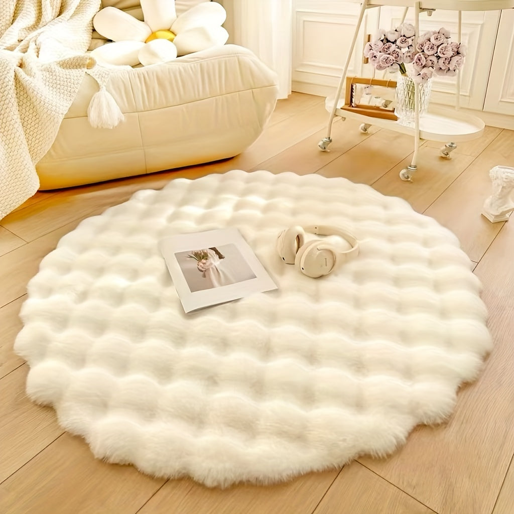 Plush Round Faux Rabbit Fur Rug - Soft, Non-Slip, Machine Washable