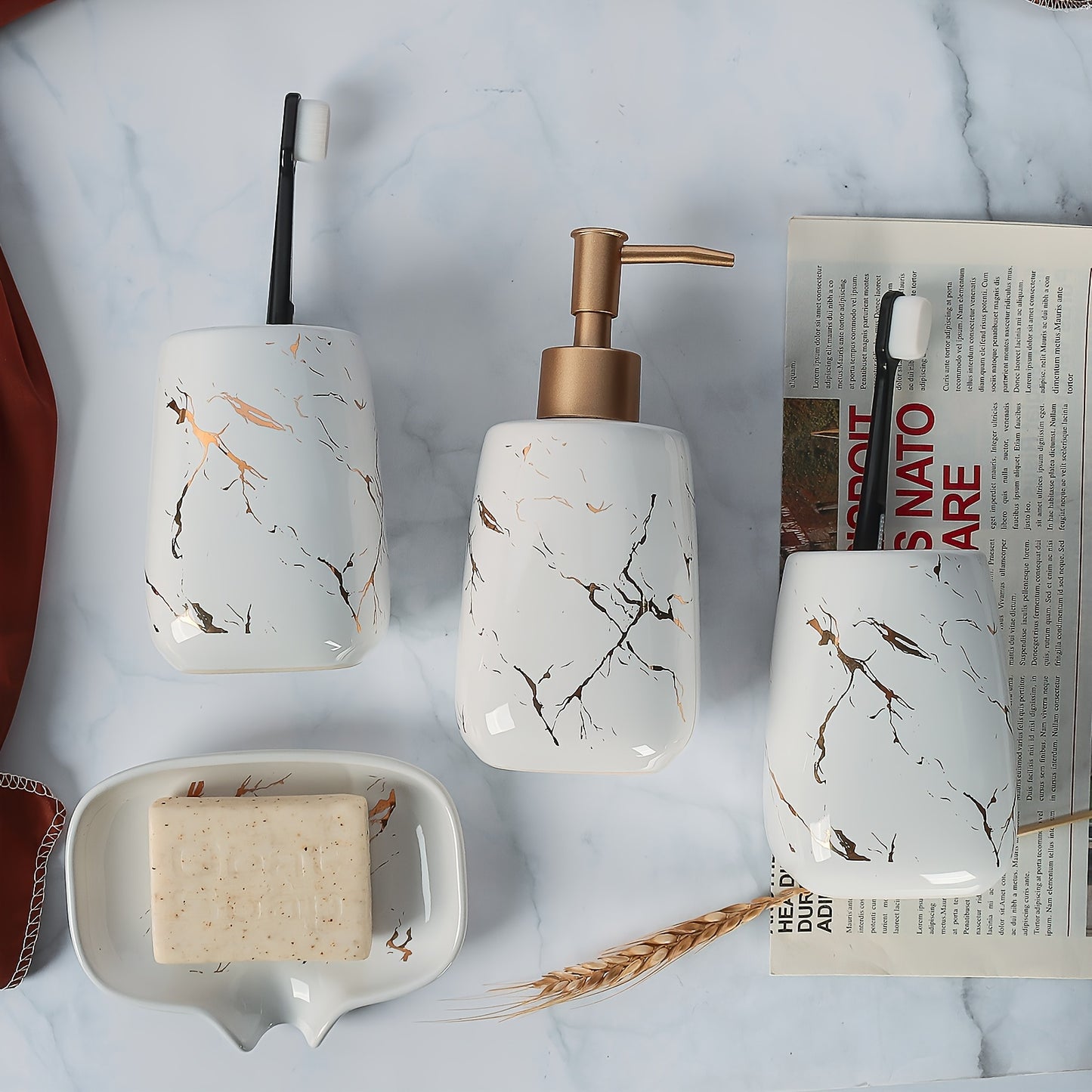 Elegant Marble Gold Pattern Ceramic Wash Set - 4 Pieces