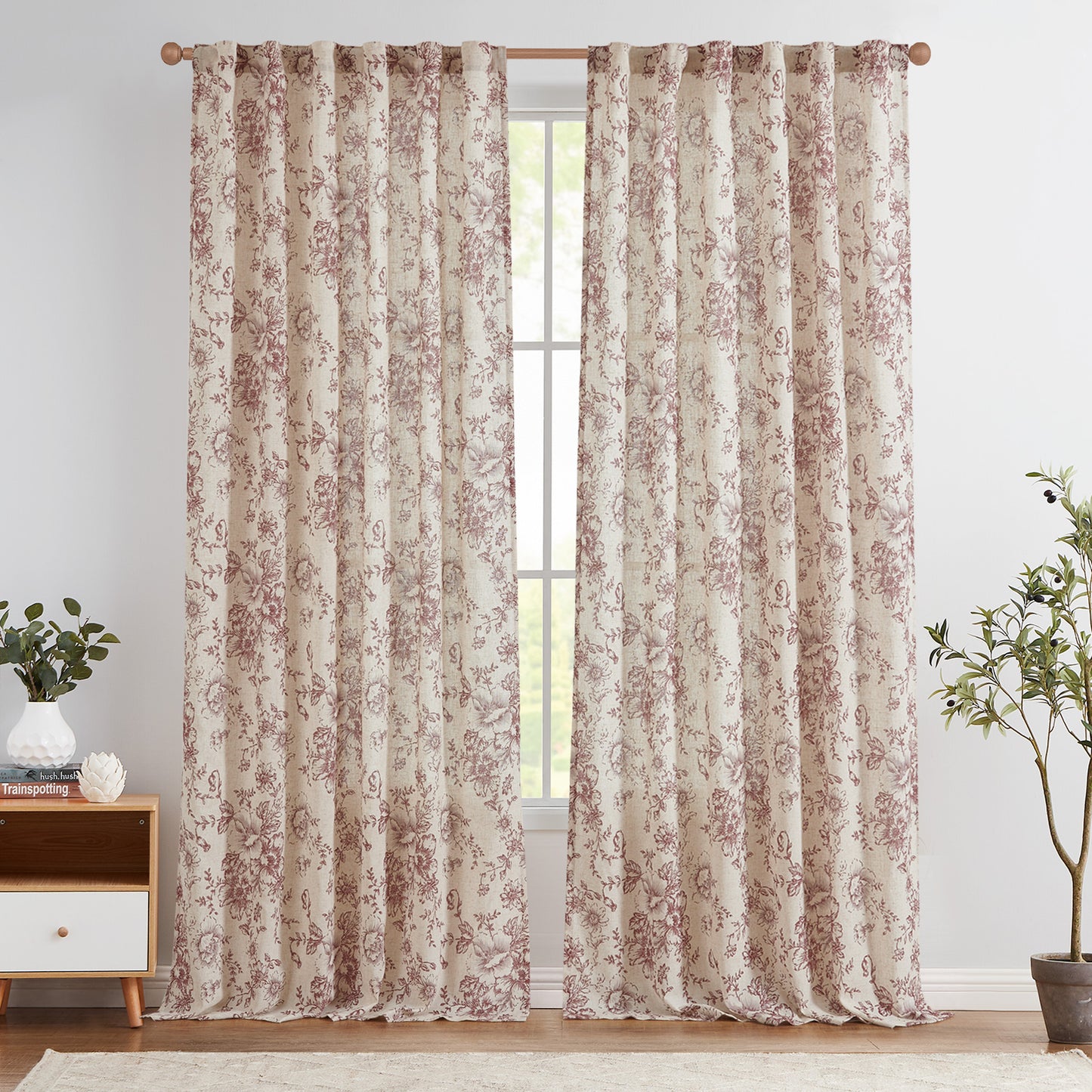 Floral Linen Blend Curtains for Living Room - Peony Drapes Set