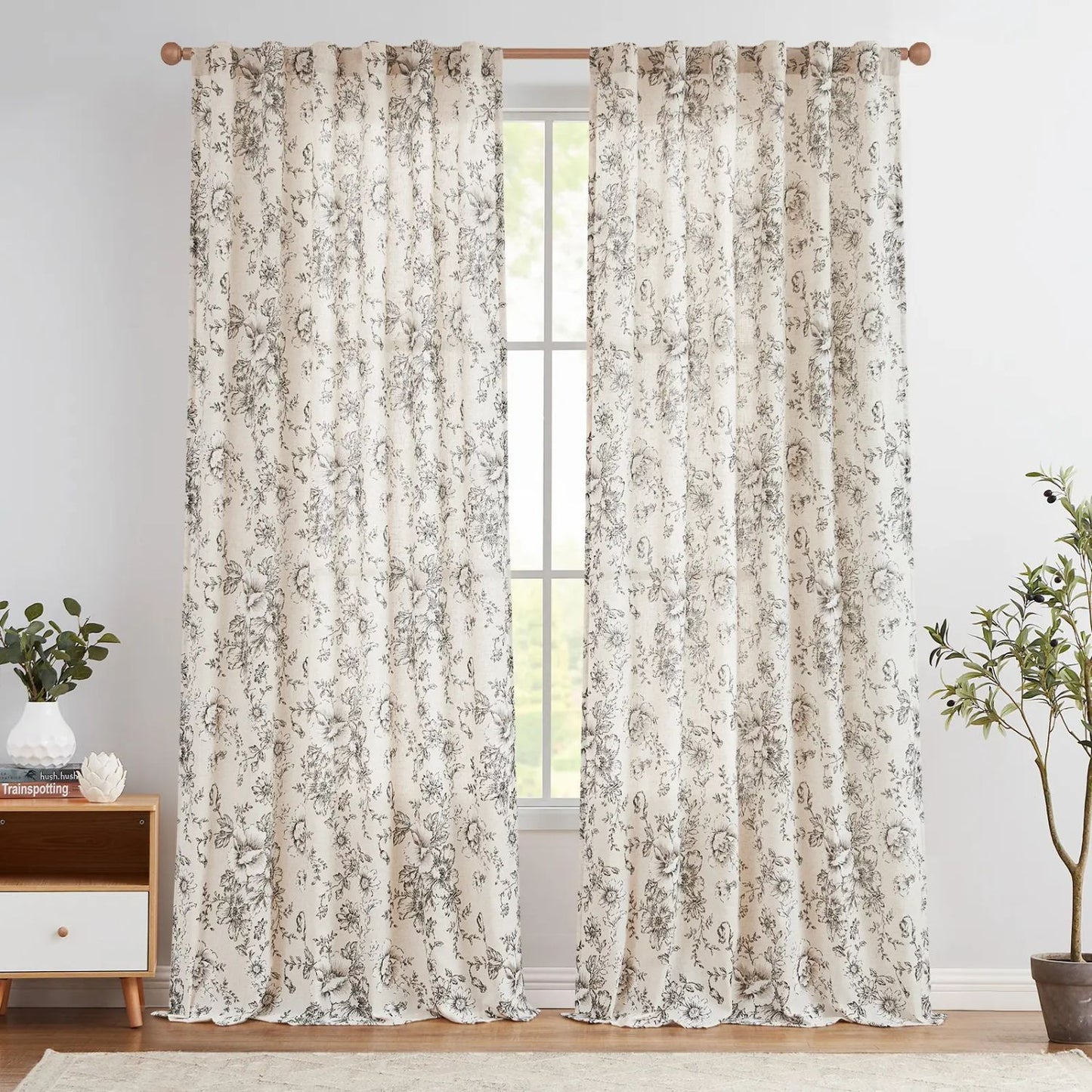 Floral Linen Blend Curtains for Living Room - Peony Drapes Set