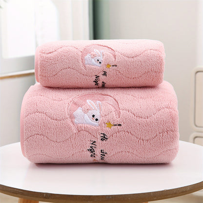 2pcs Pink Coral Velvet Bath Towels - Cute Bunny, Quick Dry Microfiber