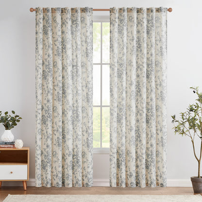 Floral Linen Blend Curtains for Living Room - Peony Drapes Set