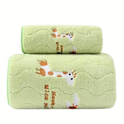 2pcs Pink Coral Velvet Bath Towels - Cute Bunny, Quick Dry Microfiber