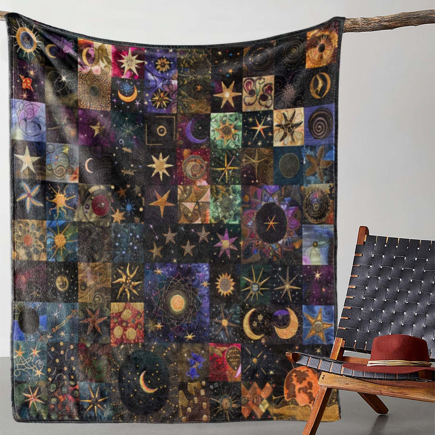 Cozy Vintage Flannel Fleece Blanket - Star & Moon Print Throw