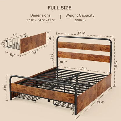 Bed Frame with Storage Drawers – Full/Queen, Metal Slats, No Box Spring