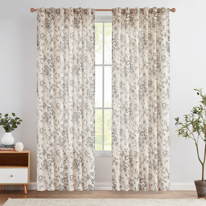 Floral Linen Blend Curtains for Living Room - Peony Drapes Set