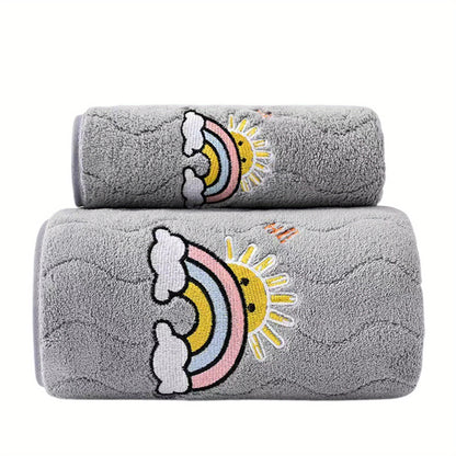 2pcs Pink Coral Velvet Bath Towels - Cute Bunny, Quick Dry Microfiber