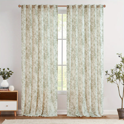 Floral Linen Blend Curtains for Living Room - Peony Drapes Set