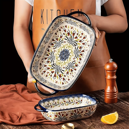 Bohemian Ceramic Baking Tray Set - Floral Retro Design, 2pcs