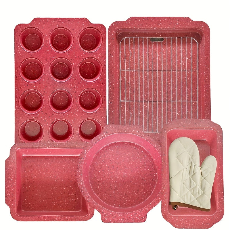 7pcs Non-Stick Stackable Bakeware Set - Red Speckled Pans