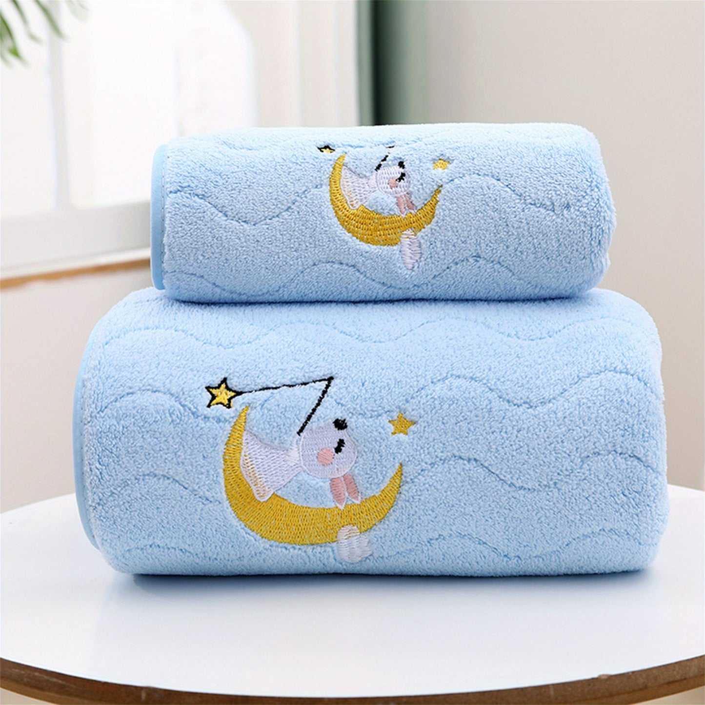 2pcs Pink Coral Velvet Bath Towels - Cute Bunny, Quick Dry Microfiber