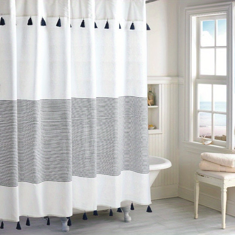 Chic Navy Stripe Shower Curtain - 72"x72", Cotton, Vintage Tassels