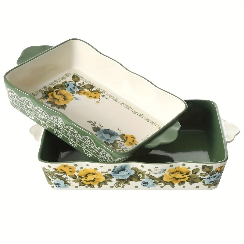 Charming Floral Ceramic Baking Set - 2pcs Casserole Dishes